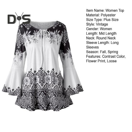 Женский топ с цветочным принтом, рукавами с рогами, трапециевидной формы, свободный подол, зашнуровать шею, облегающий крой, узкая талия, контрастный цвет, женская весенне-осенняя блузка, топ