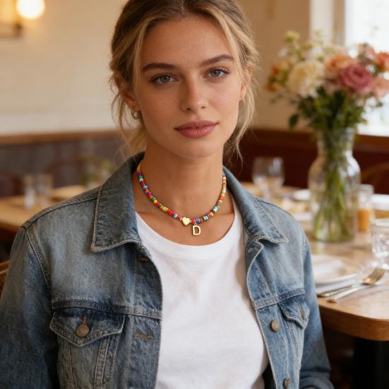 Колье-чокер с бусинами для женщин, разноцветное колье с бусинами, колье с подвеской-буквой, чокер с сердцем, подарок на день рождения для девочек, жены, девушки