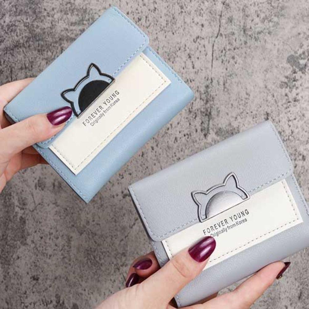 Женский короткий кошелек, милый складной мини-кошелек из искусственной кожи, студенческий кошелек для монет в форме кошки с пряжкой, держатель для карт