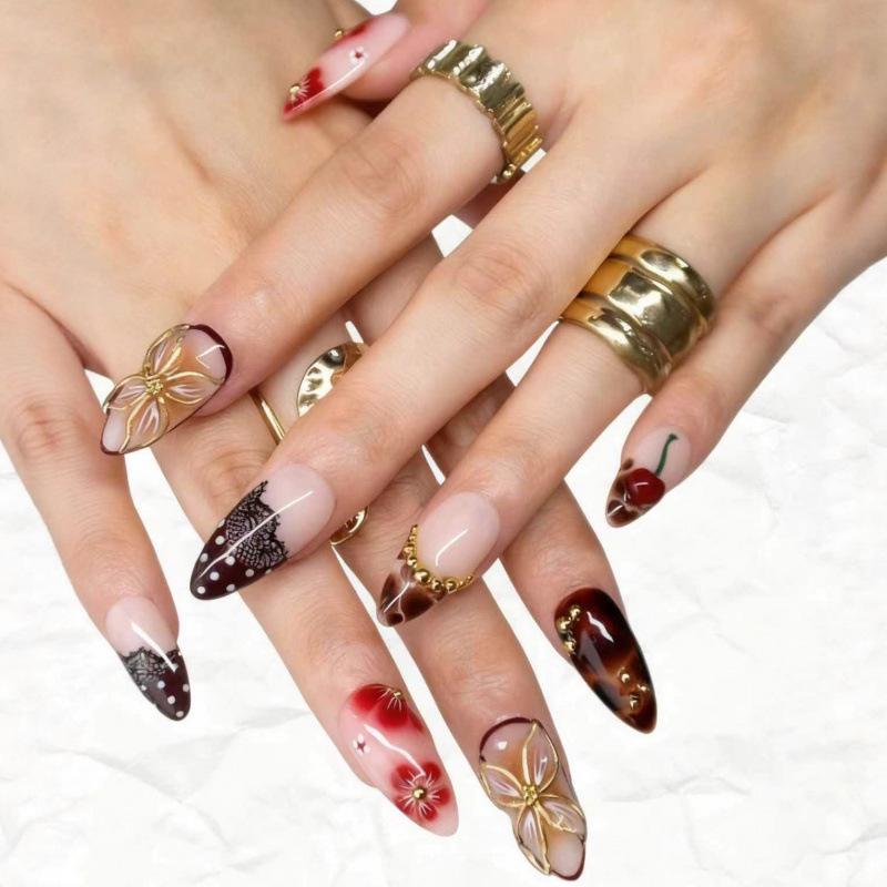 39-Piece Gold-Plated Almond-Shaped Nail Tips: Autumn/Winter 3D Flowers, Lace & Cherry Design.
