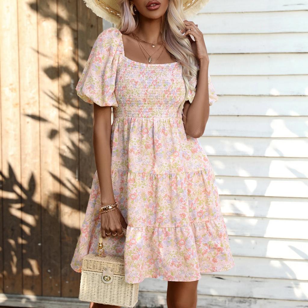 2025 new European and American style bubble sleeve printing dress summer square collar waist thin floral dress women