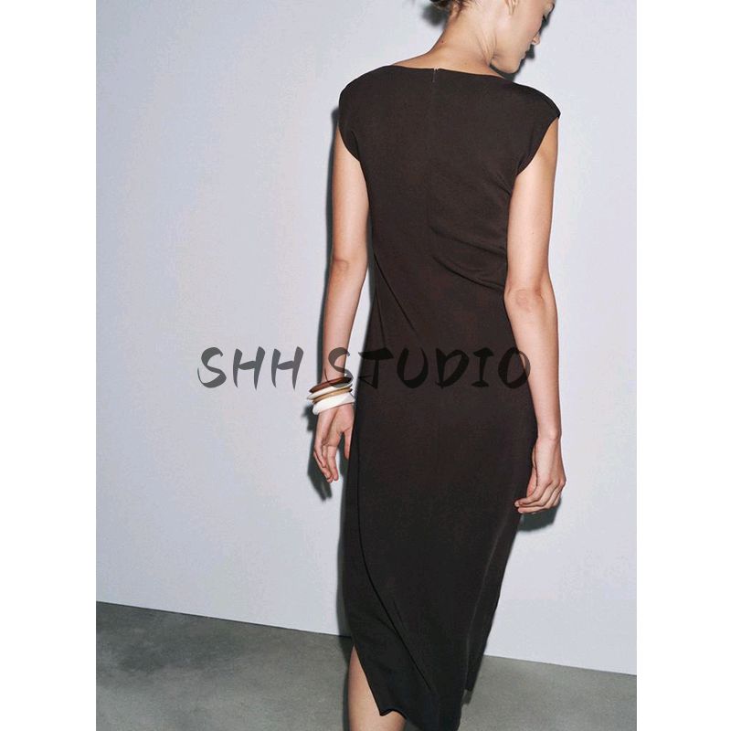 Summer New Product Women's Clothes Drop Shoulder Design Viscose Blended Silm Boat Neck Sleeveless Length Dress 3332376