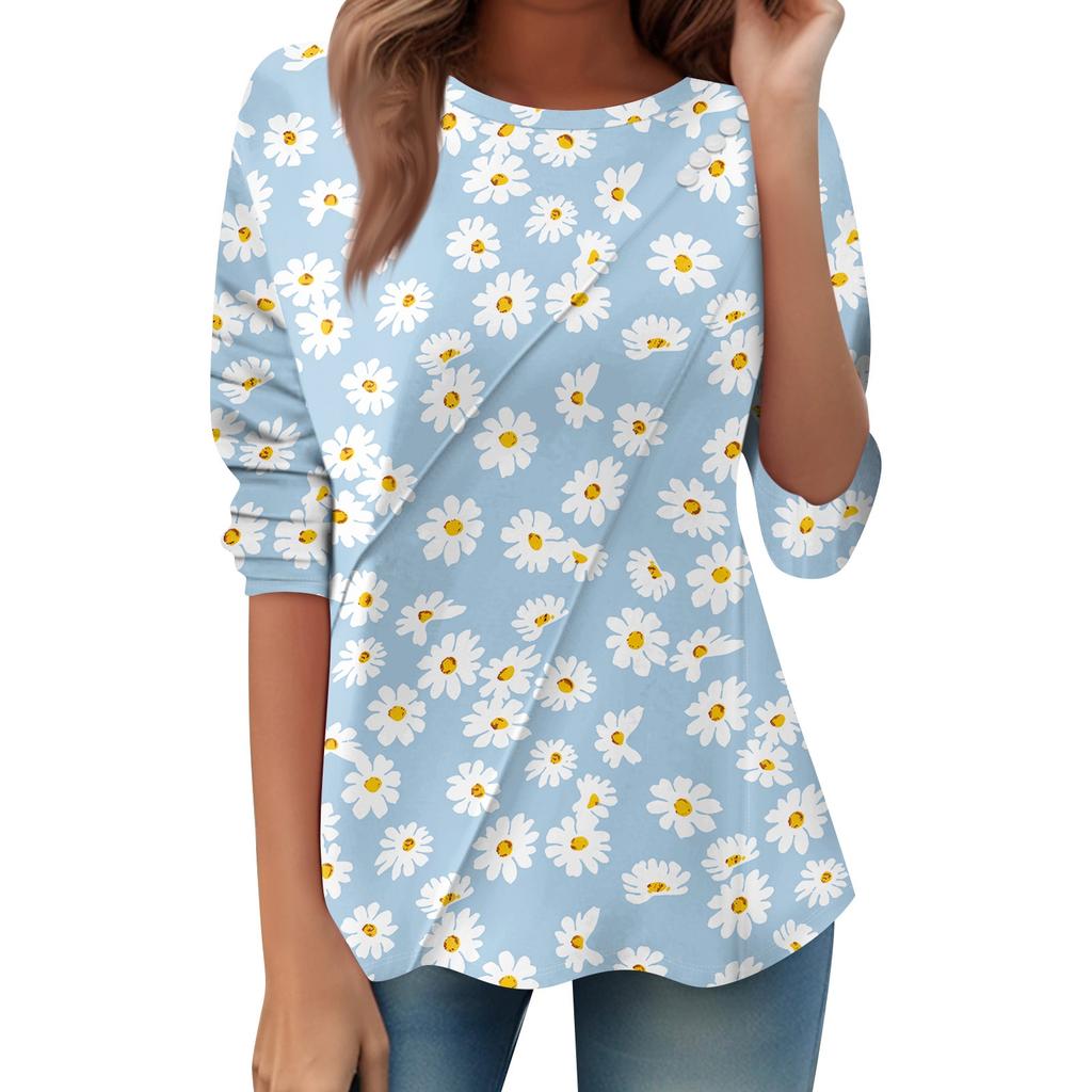 Women's Loose Casual Long Sleeve Top Round Neck Button Pull Stripe Prints T Shirt