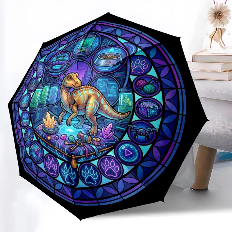 Glass Dinosaur Fantasy pattern umbrella, portable and foldable design, 8 ribs, a casual accessory for Halloween, Christmas, and birthday gifts.