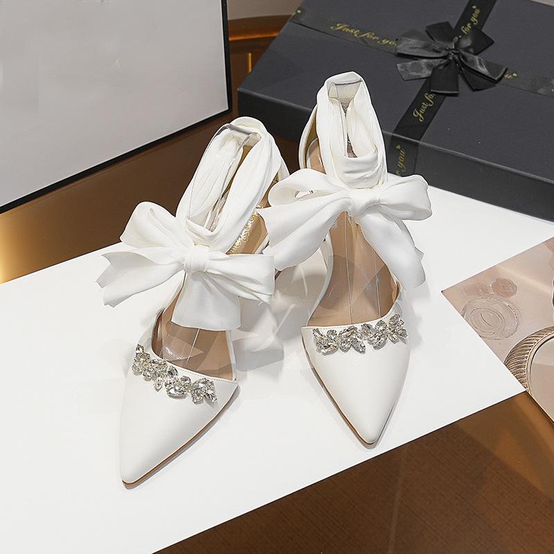 Fashion Chunky Heel Pointed Toe Hollow Out Rhinestone Bow Strap Wedding Bridal Party Shoes