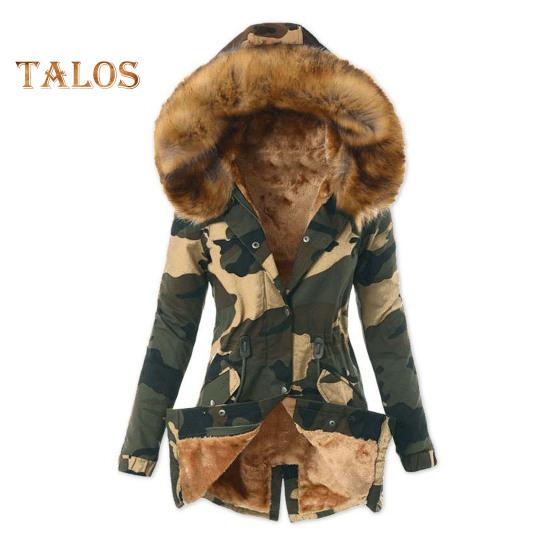 Женский зимний пуховик с искусственным мехом, флисовой подкладкой, застежкой-молнией на кнопках, ветрозащитная куртка средней длины с камуфляжным принтом, приталенная верхняя одежда