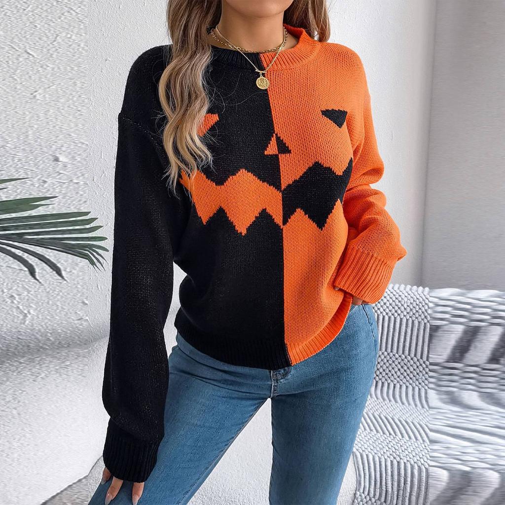 Женская мода повседневный свободный свитер контрастного цвета на Хэллоуин с длинным рукавом пуловер топ