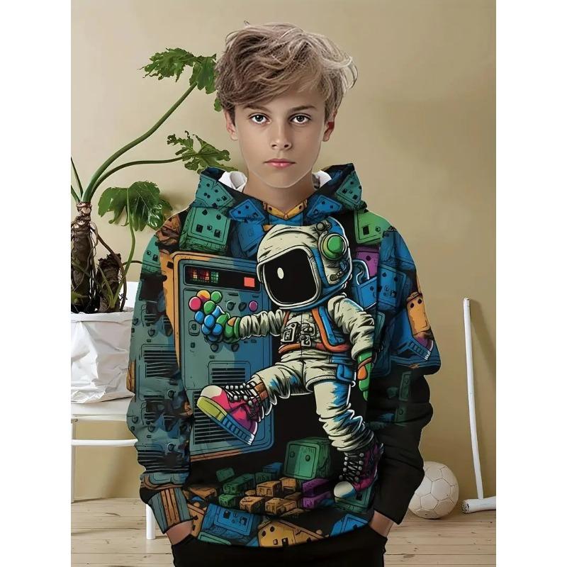 Autumn 3D Game Consoles & Astronaut Printed Hoodies Fashionable Casual Sports Long Sleeved Children's Boy Hooded Sweatshirts