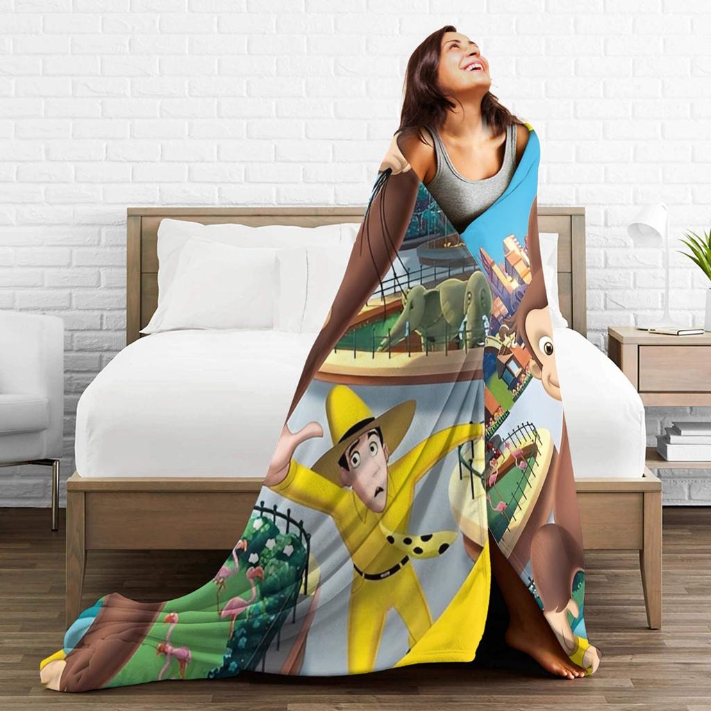 Warm Soft Blankets Picnic Cartoon Curious George Throw Blanket Flannel Bedspread For Couch Chair Sofa Bed Fluffy Sofa Bed Cover