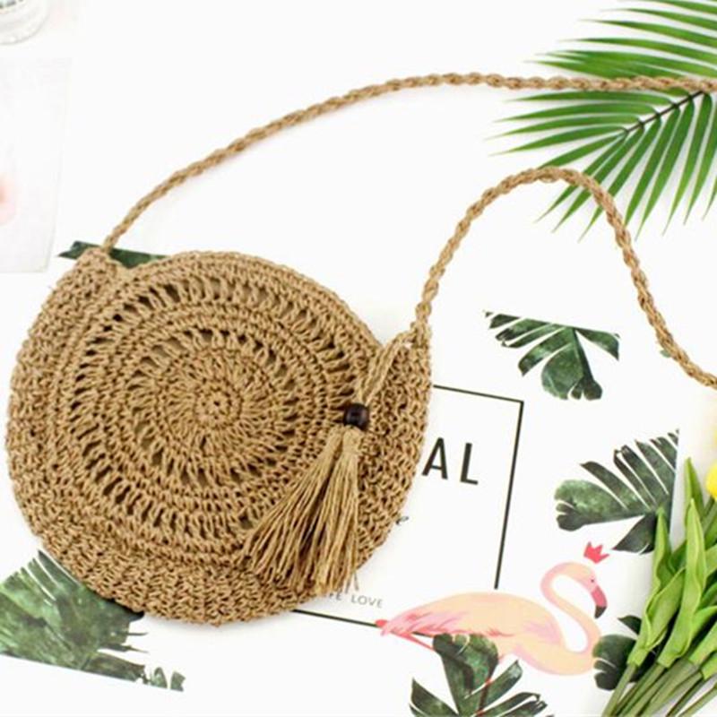 Yogodlns Round Soft Paper Rope Shoulder Bag Tassel Handmade Crossbody Bags Straw Bag Circle