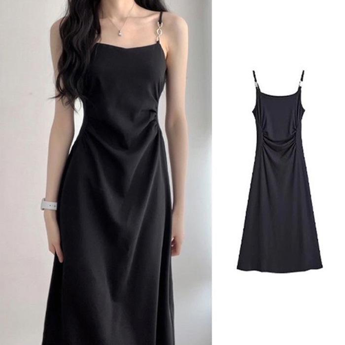 Women's Summer 2025 Black Suspender Dress - Slimming, High-End, Hepburn Style Little Black Dress