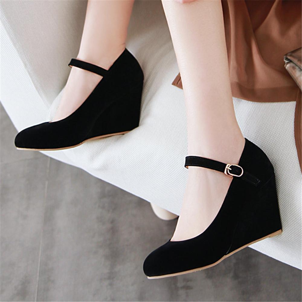 Fashion Classic High Heels Pumps Female Spring Casual Ankle Straps Flock Black Rose Red Wedge Wedding Office Shoes Woman Large Size34-43