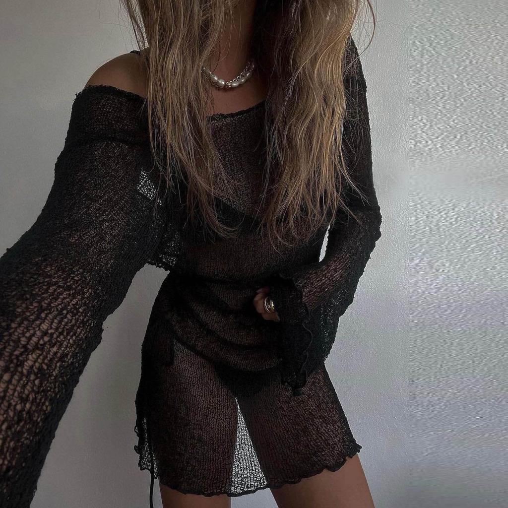 Женское летнее прозрачное сексуальное тонкое пляжное платье с открытой спиной, бикини, богемное вязаное короткое платье с длинными рукавами