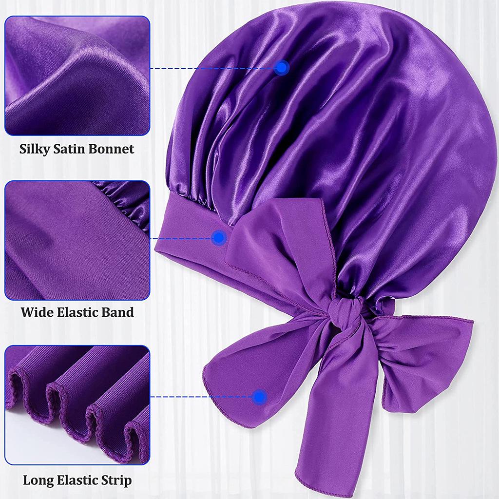 Satin Nightcap with Wide Elastic and Long Tail - Extra Large Women's Ribbon Shower Hat
