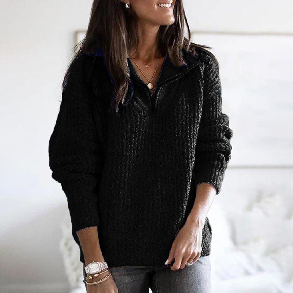 Женский осенне-зимний повседневный свободный однотонный вязаный свитер с длинными рукавами и воротником-стойкой, пуловер на полумолнии