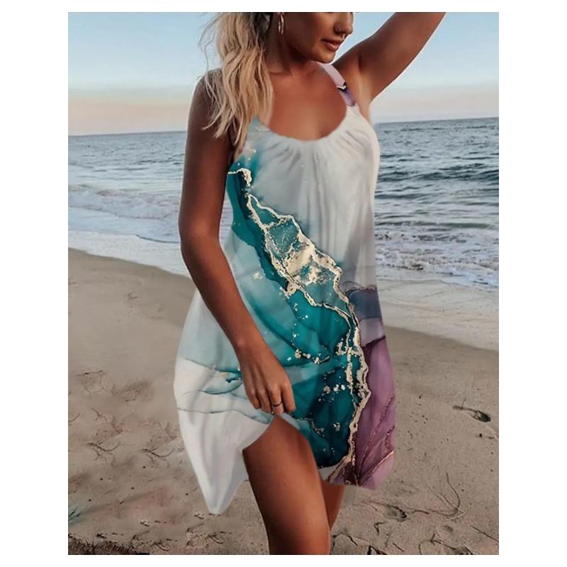 VEZFAA Женская мода лето весна цвет блок принт без рукавов подтяжки свободная талия повседневные платья