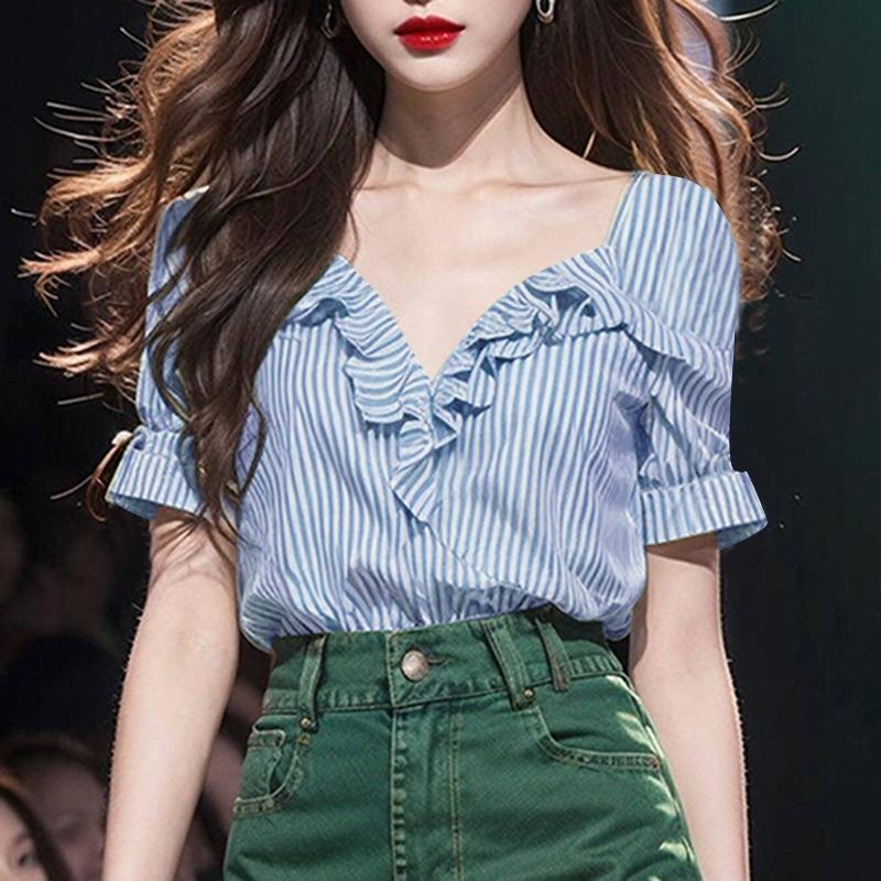 VONDA Женские летние повседневные футболки с оборками и V-образным вырезом с коротким рукавом в полоску