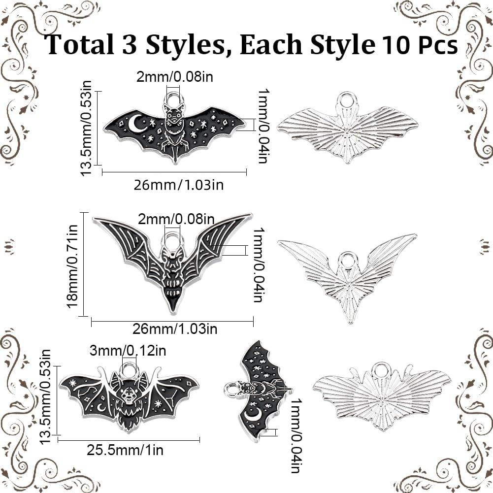 30Pcs Gothic Enamel Bat Halloween Charms, 3 Styles Alloy Vampire Pendants DIY Jewelry Making Supplies For Earrings Necklaces Bracelets
