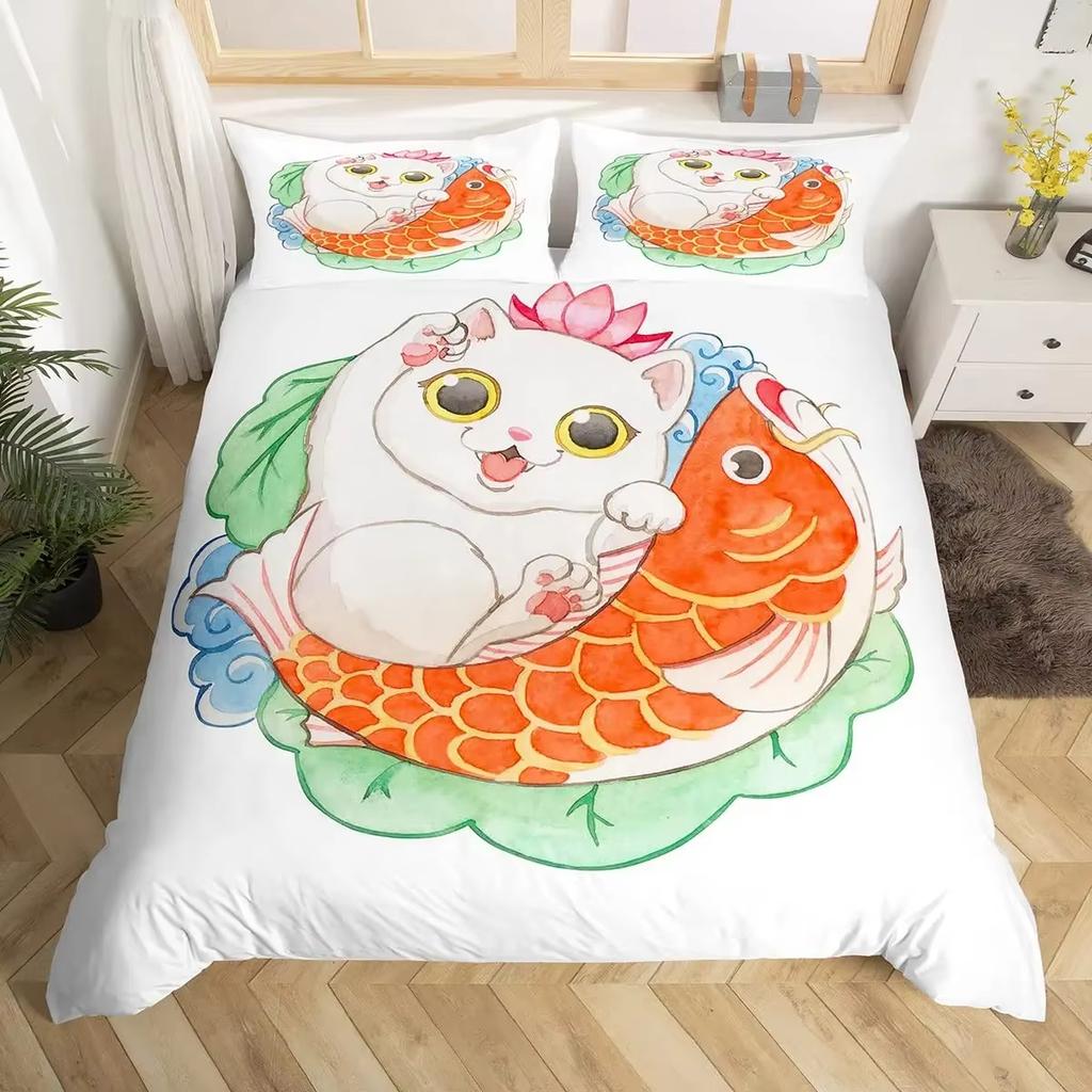 Комплект пододеяльника Lucky Cat в японском стиле с волновым узором, комплекты постельного белья для взрослых и детей, экзотический декор для спальни, комплект из 3 предметов: пододеяльник размера кинг