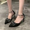 Rhinestone Bow High Heels Women 2024 New Spring and Autumn Pointy Net Red Packet Head Stiletto Sandals Fairy Wind