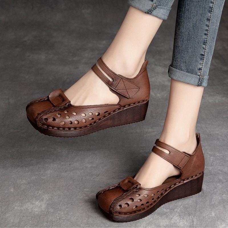 Johnature Versatile Genuine Leather Hollow-out Sandals Retro Hook & Loop Comfortable Women's Wedges Shoes
