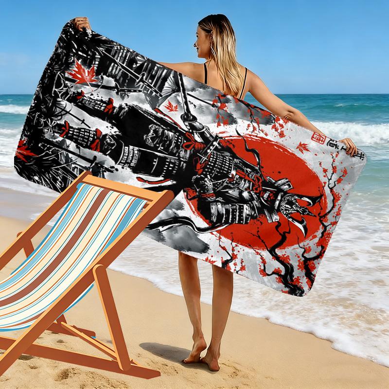 Japanese Samurai Print Beach Towel, Large Soft Quick Dry Towel for Beach Camping Swimming