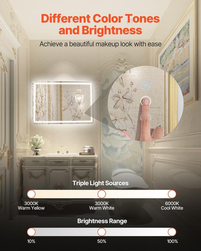 LED Bathroom Mirror 3 Color Anti-fog Wall Mounted Vanity Mirror 70 x 100cm