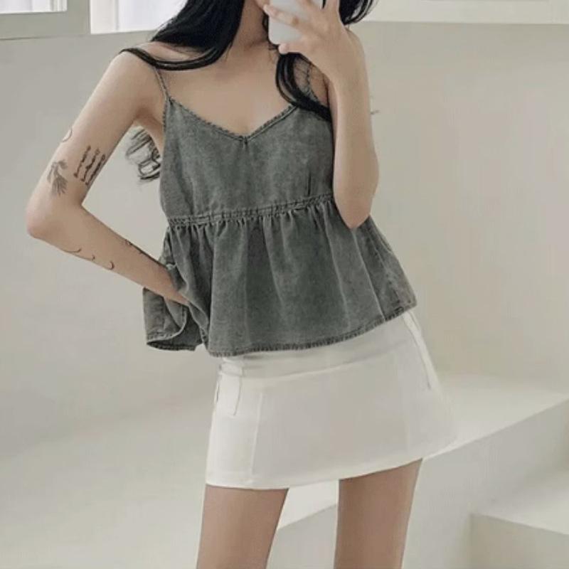 Стильная элегантность, мода, женский повседневный жилет, милый джинсовый топ с V-образным вырезом, женская многослойная летняя рубашка с оборками и тонкими шикарными короткими топами
