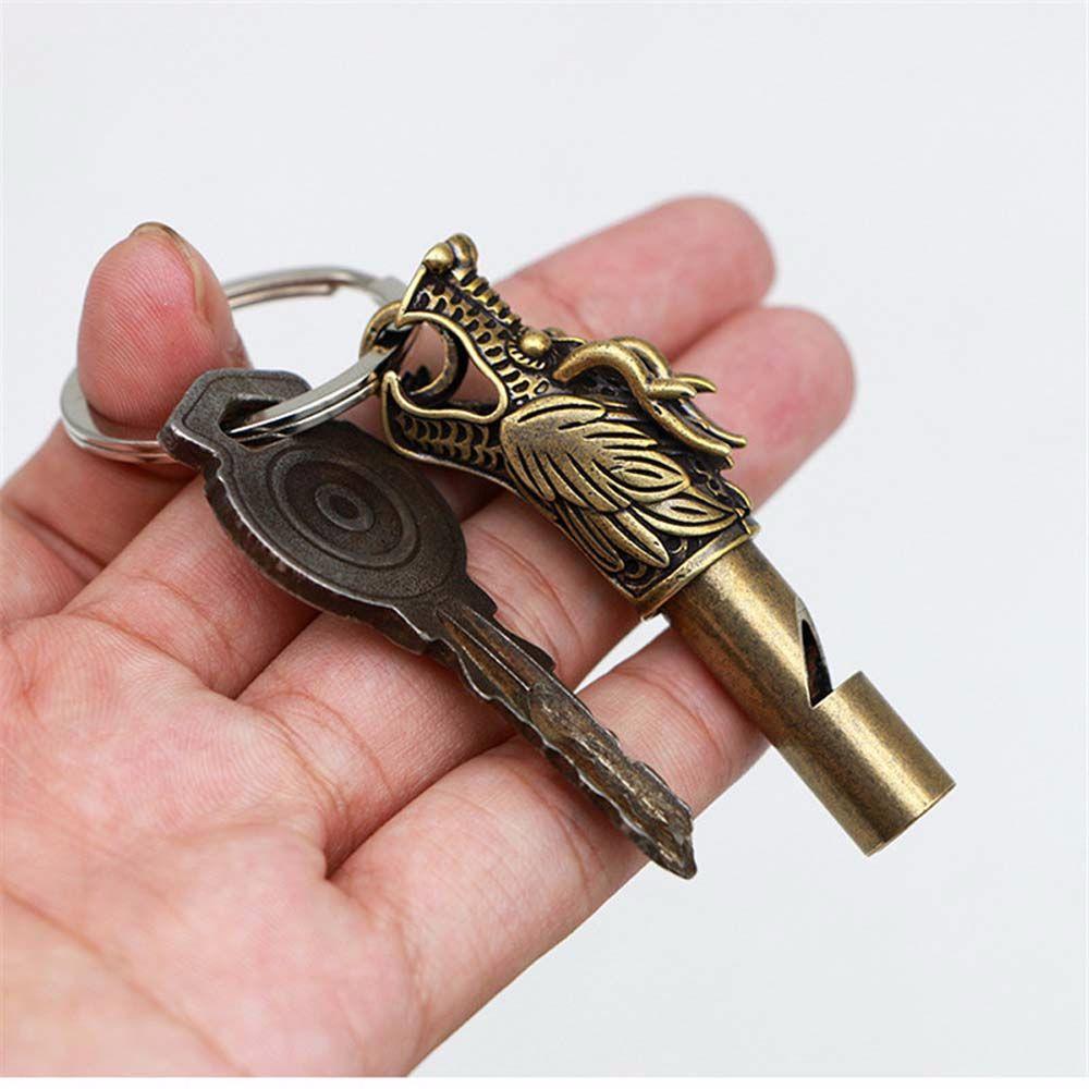 Women Survival Keychain Dragon Head Brass Car Pendants Whistle Outdoor Survival Tools Keys Chain