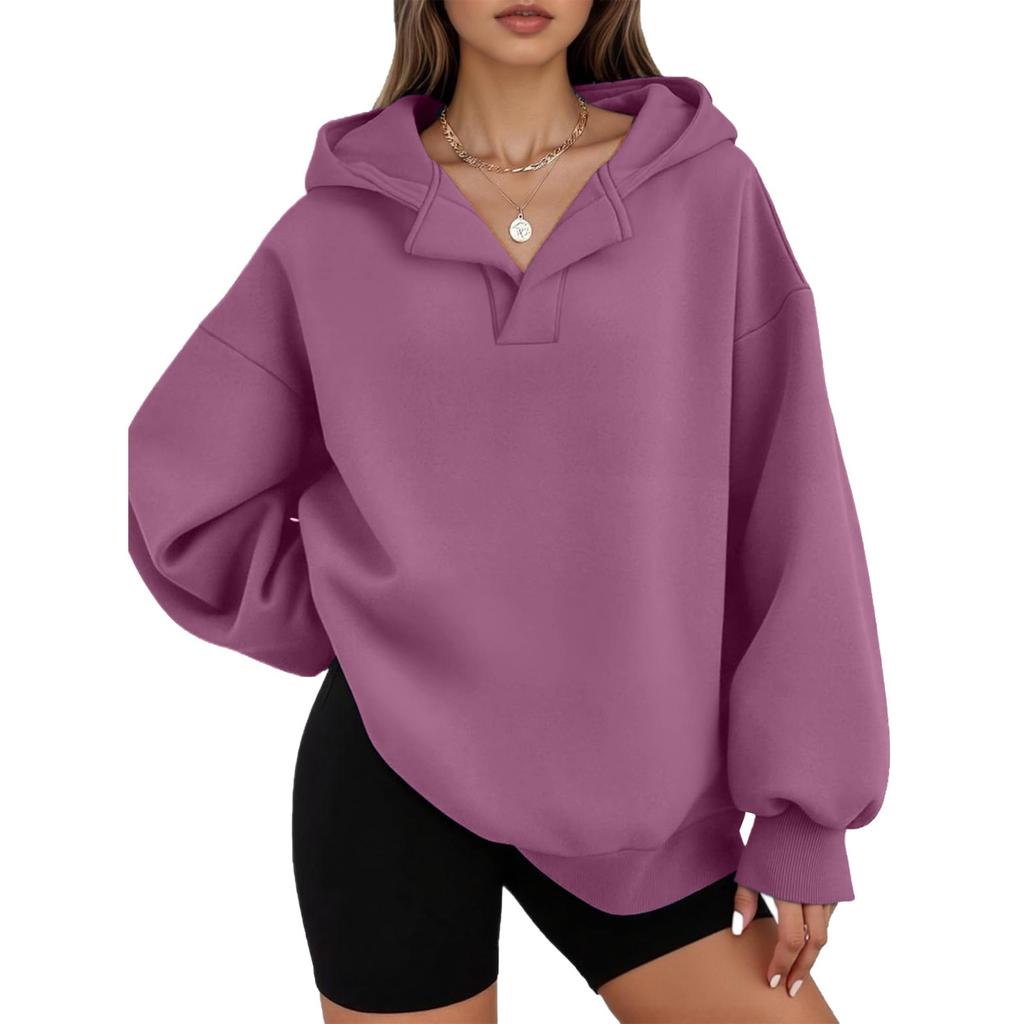 Women's Casual V-neck Pullover Long-sleeve Solid Color Fleece-lined Hooded Sweatshirt Top