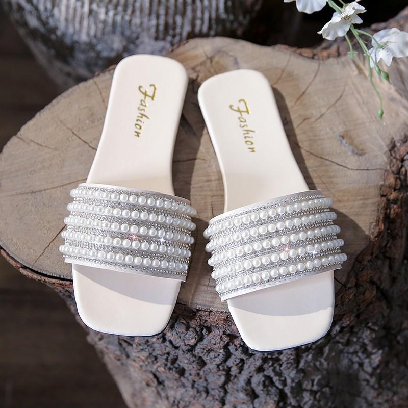 Мода Большие размеры 35-43 Женская летняя верхняя одежда 2024 года Pearl Water Diamond One word Beach Sandals Женские повседневные сандалии