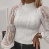 Женский свитер осень-зима белый с полувысоким воротом и кружевным узором с рукавами-фонариками