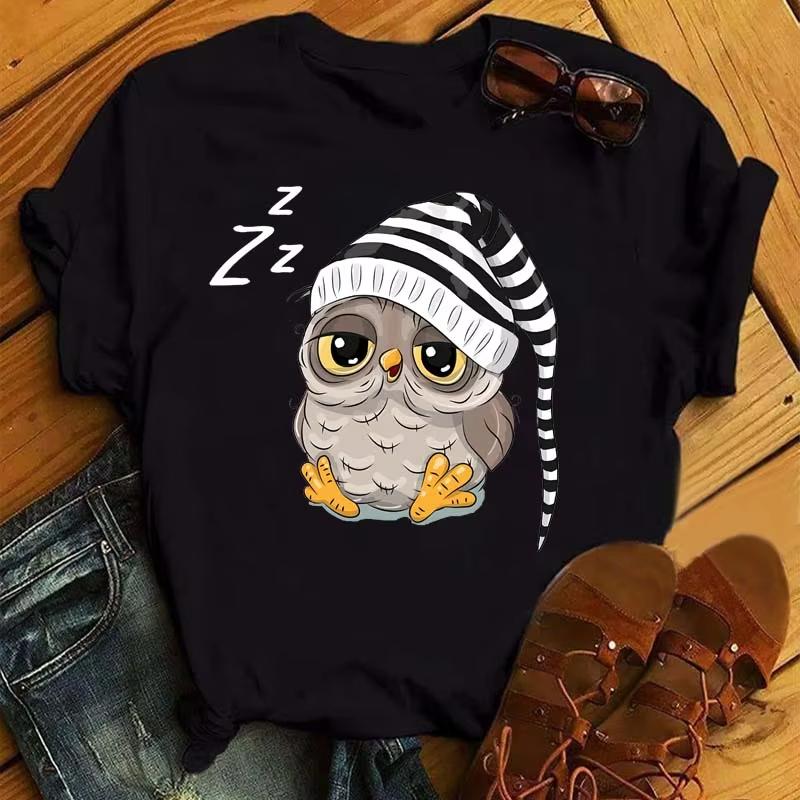 Cartoon Owl Printed Pure Cotton Tshirt with Cute Pattern for Unisex and Women Casual Round Neck Harajuku Style Short Sleeved Shirt