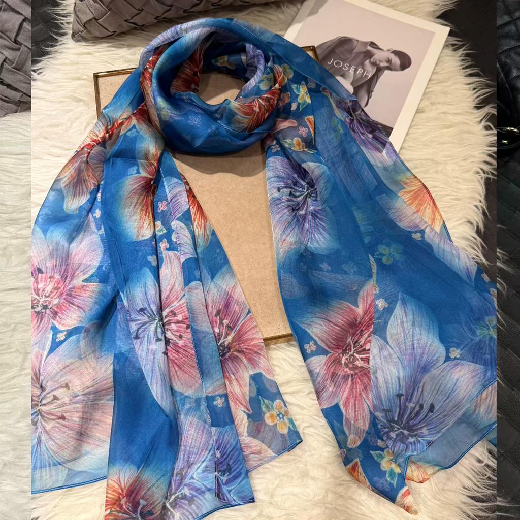 [BYSIFA] Blue 100% Silk Scarf Shawl New Floral Design Long Scarves Women Summer Utralong Beach Shawl Winter Scarves 180*110cm