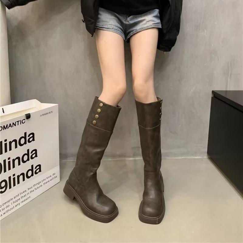 Зимняя обувь 2024, женские высокие сапоги до бедра, модные кожаные длинные рыцарские ботинки с пряжкой, женские ботинки, обувь для девочек на толстой подошве Q420