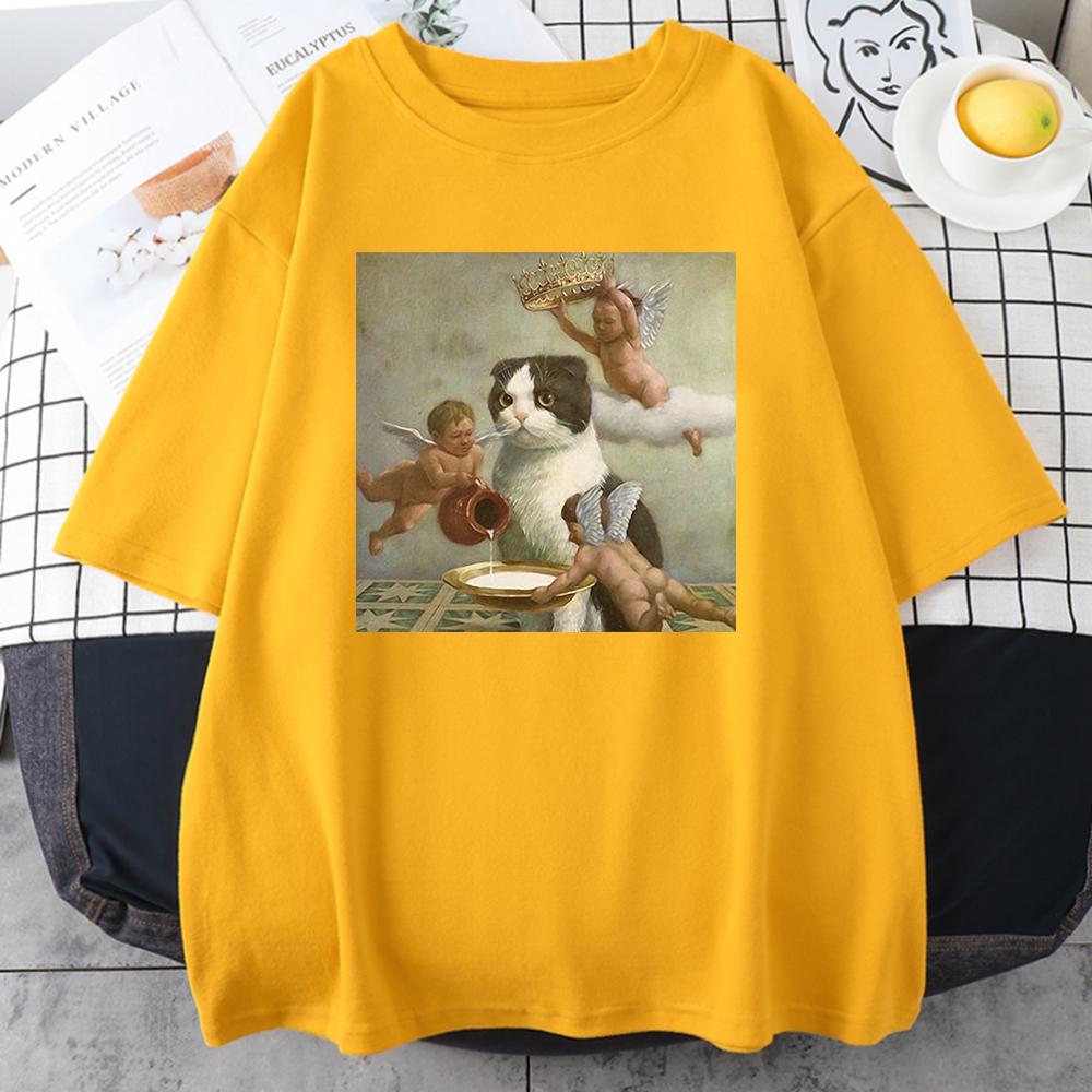 Scottish Fold Angel Crown Print Женская одежда унисекс Индивидуальные повседневные футболки с круглым вырезом All-math Loose Мужские хлопковые футболки с коротким рукавом