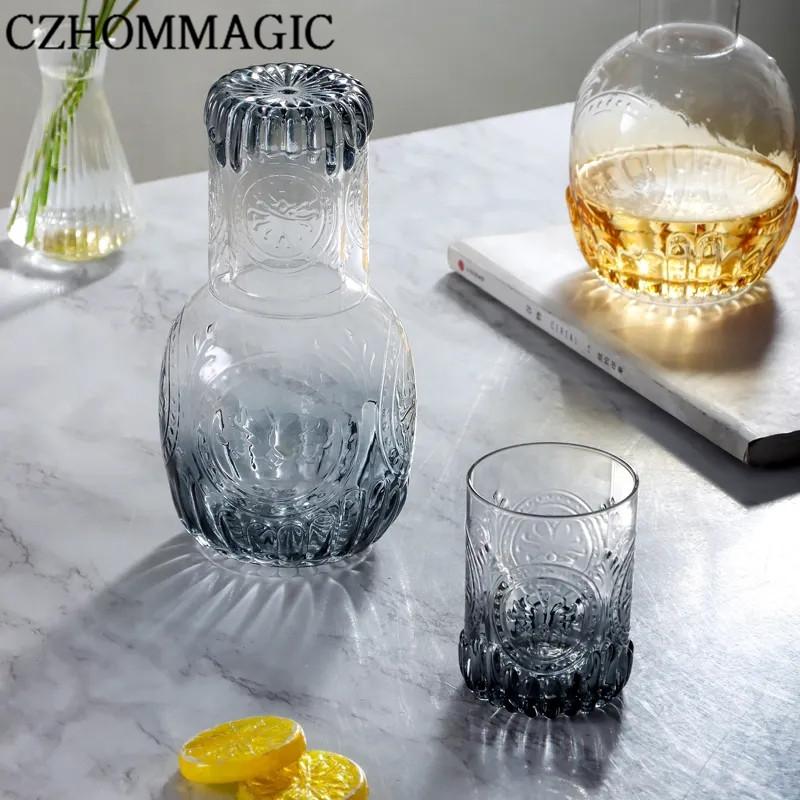 880ml Bedside Water Carafe Glass Cup Drinkware Set Vintage Transparent Cold Water Cup&Bottle for Pitcher Nightstand Bedroom Gift