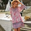 Summer Women Dress Bohemian Style Floral Print V Neck Lace-up Drawstring Long Sleeves Patchwork
