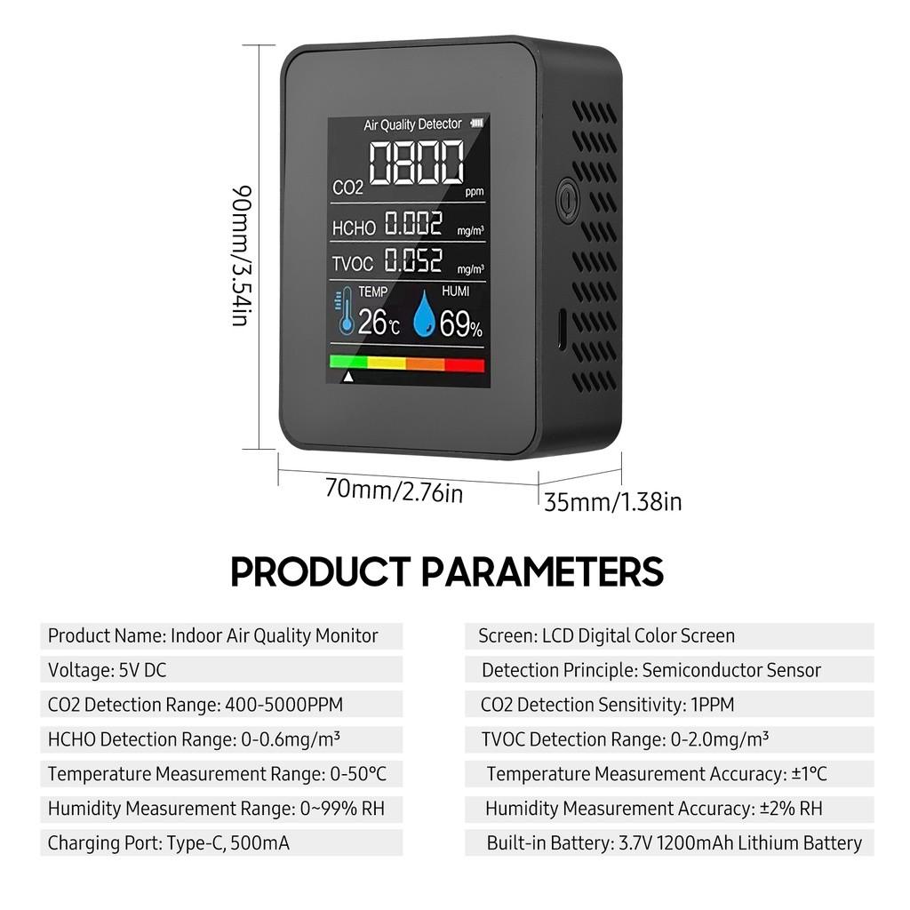 Portable Multifunction Indoor Air Quality Monitor LCD Digital Color Screen CO2 Detector 5 In 1 Formaldehyde TVOC Tester