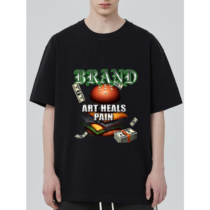 Черная футболка с принтом 'Brand Art Heals Pain Burger And Money' для повседневной носки