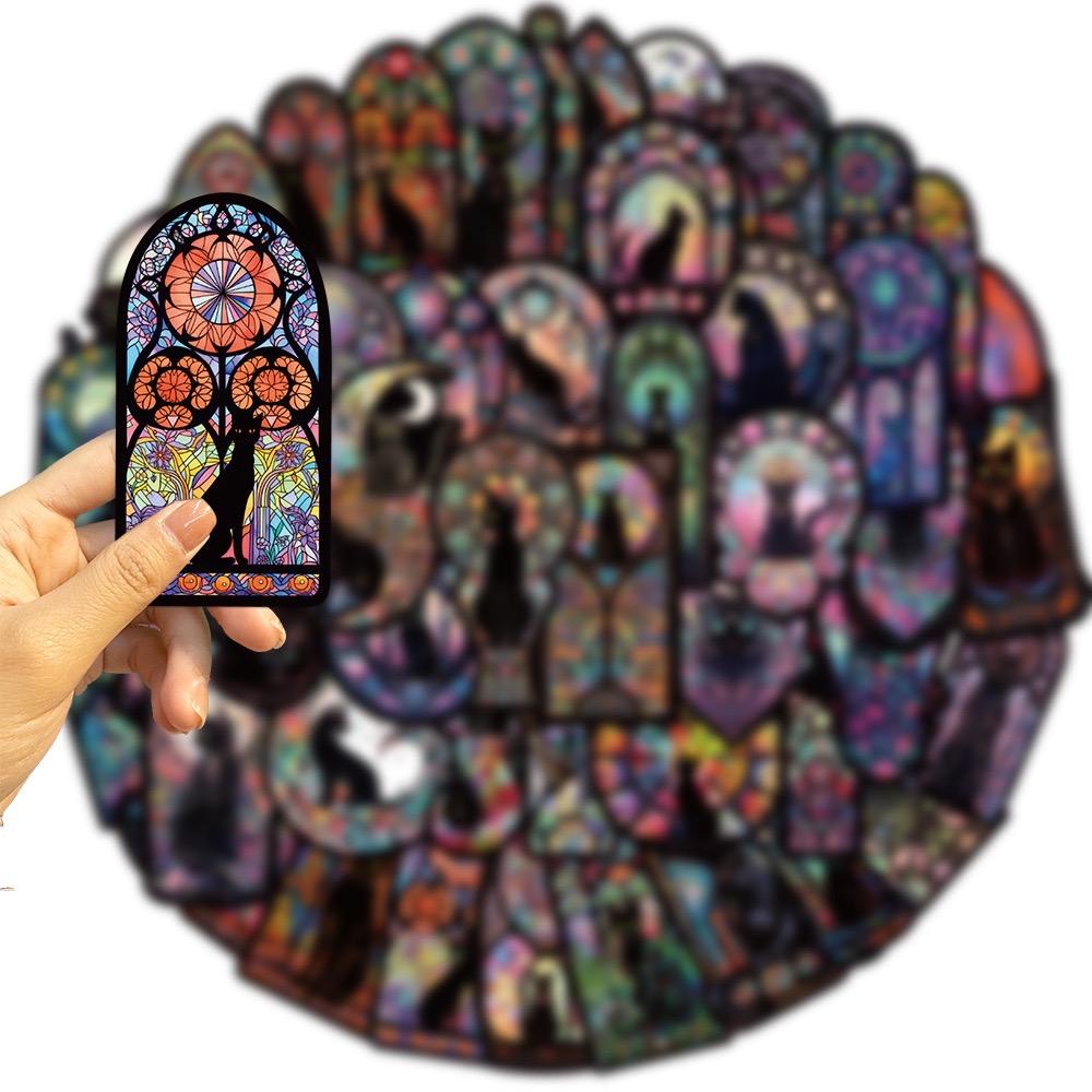 Красочные мультяшные готические наклейки с черным котом и мотивами цветов и окон - набор из 10 или 50 штук для DIY проектов, багажа и многого другого