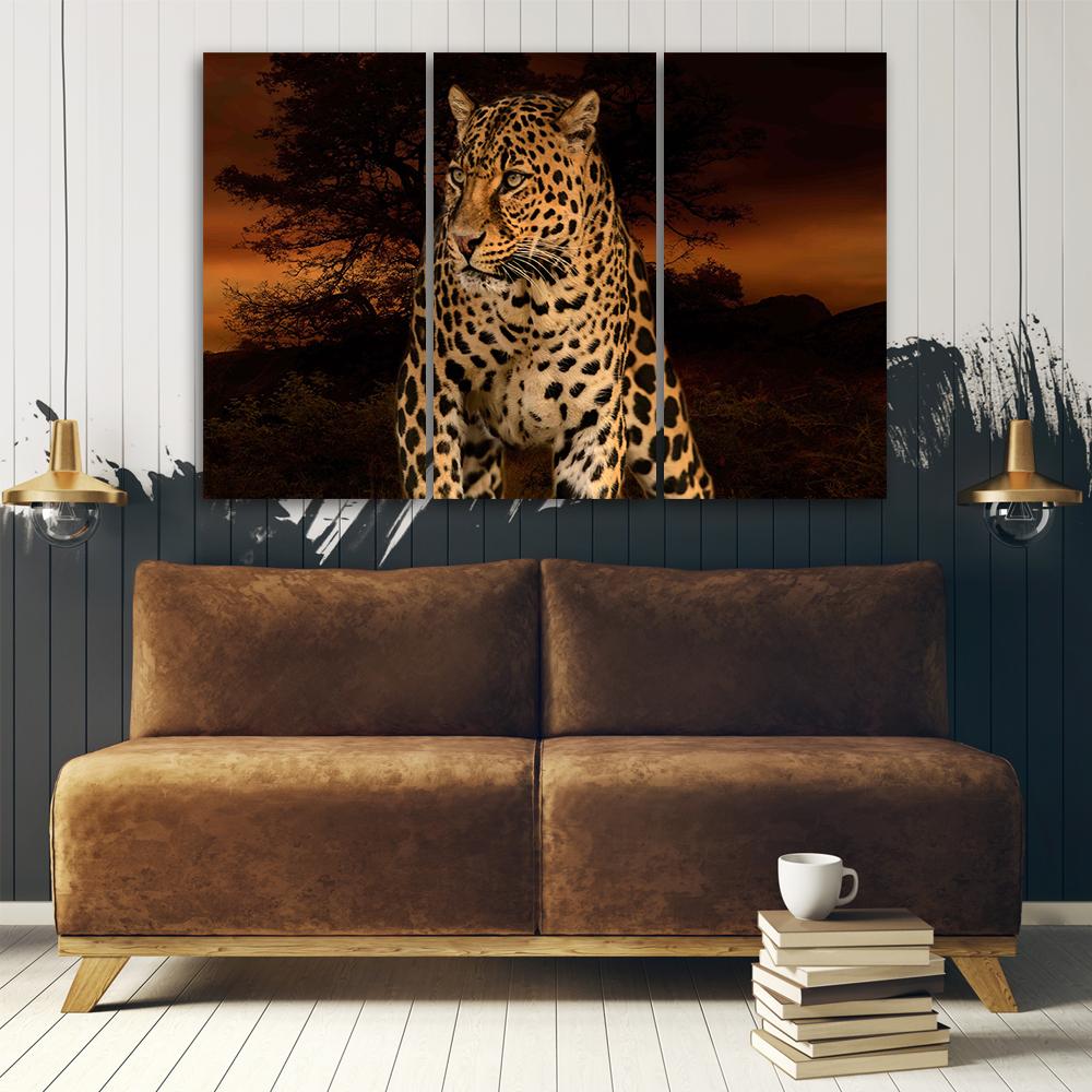 Картина из трех частей, принт на холсте, леопардовый кот, сафари