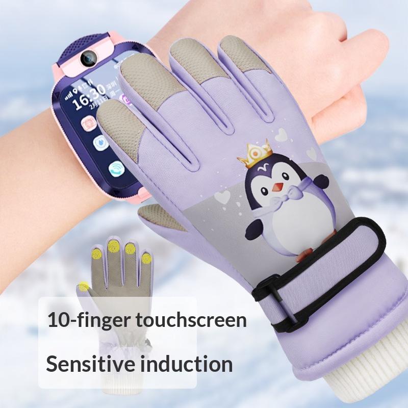 Multi Size Customized Winter Kids Unisex Ski Gloves Fleece Lined Waterproof Anti Slip Palm Cartoon Pattern Outdoor Sports