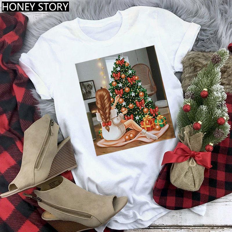 Kawaii Cartoon Merry Christmas Tree Graphics Women T-Shirts 90S Summer Short Sleeves Loose Round Neck Female Y2K Tops