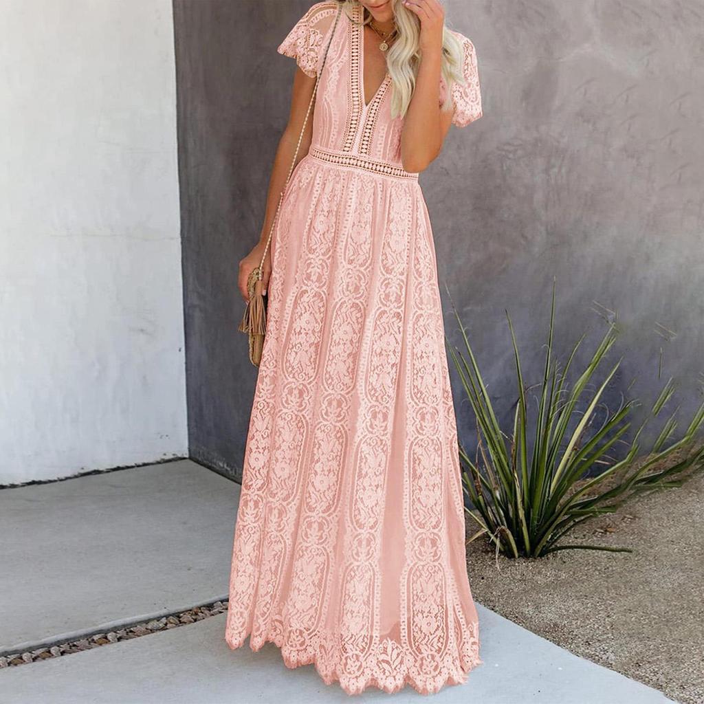 Платье с короткими рукавами и V-образным вырезом в европейском и американском стиле из кружева