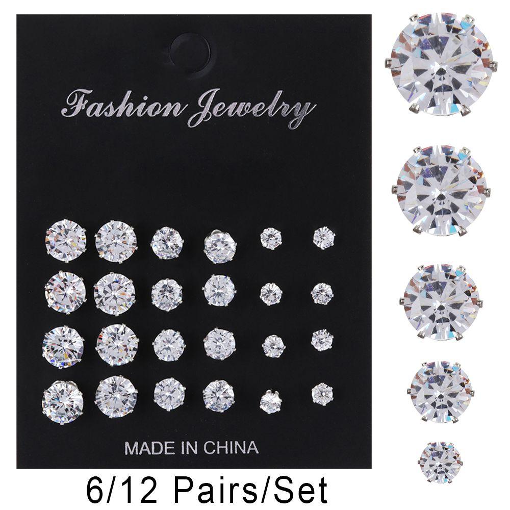 6/12Pairs Exquisite Women Jewelry Gift Geometric Crystal Stud Earrings Set Round Zircon Alloy Silver
