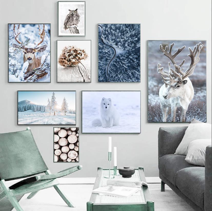 Flower Lake Snow Owl Deer Forest Landscape Winter Wall Art Canvas Painting Nordic Posters And Prints Wall Pictures Home Decor