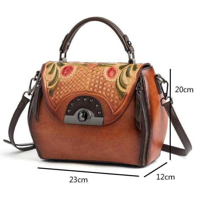 Johnature Retro Embossed First Layer Cow Leather Women Bag Handmade Floral Hasp Handbag Leisure Shoulder Messenger Bags