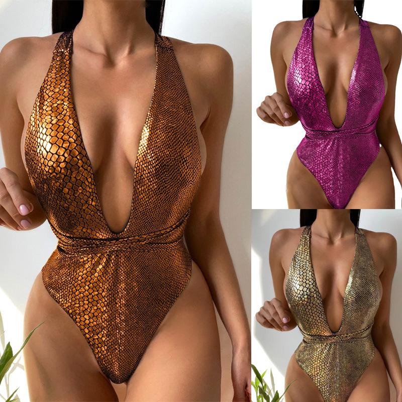 Sequin Swimsuit Women's Sexy Suit Deep V Halter Neck One-piece Bikini Beach Swimsuit