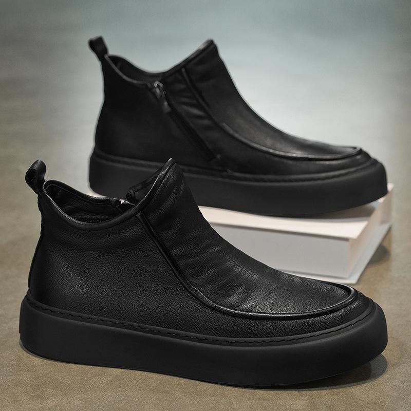 2025 Trending Men's Leather High-Top Motorcycle Boots Comfortable Non-Slip Casual Streetwear Shoes Fashion Black Boots for Men